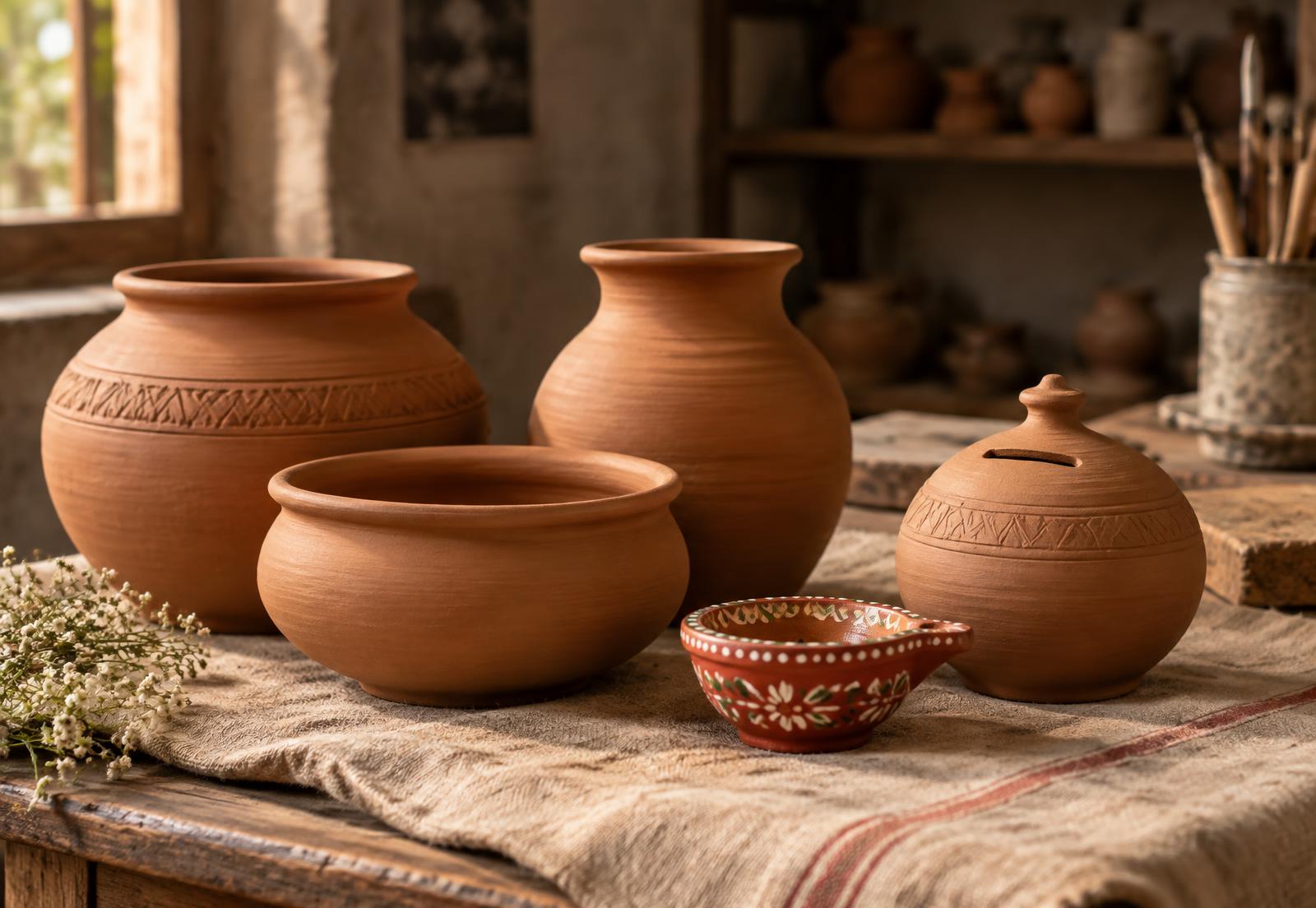 Handmade terracotta pots, a painted diya and a clay gullak on a linen cloth