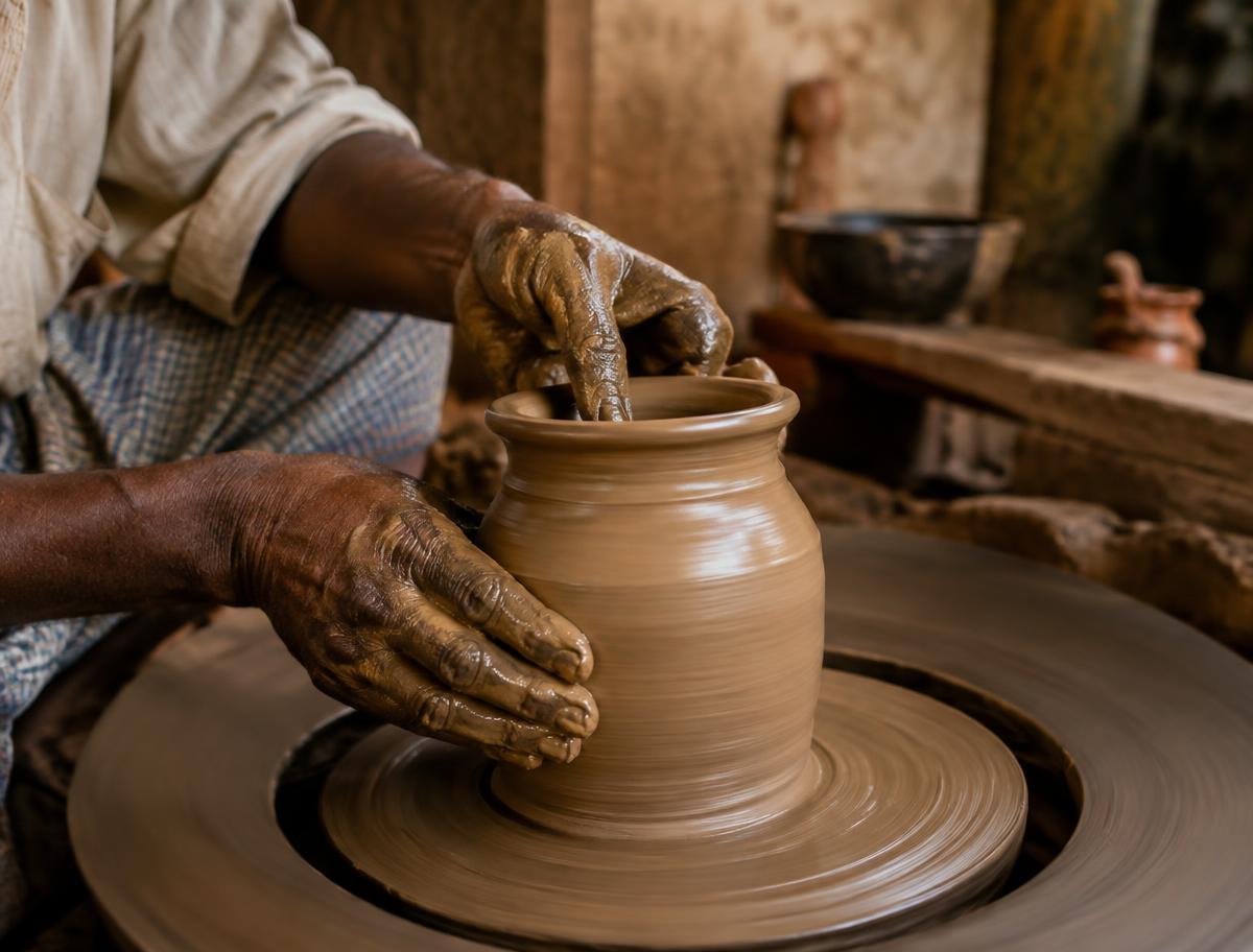 Artisan hands shaping clay on a potter's wheel